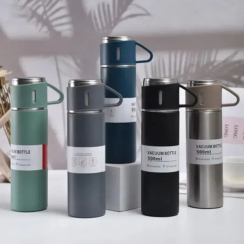 Thermal Water Bottle 500ml – Hot & Cold Stainless Steel Flask (with 2 Cups)